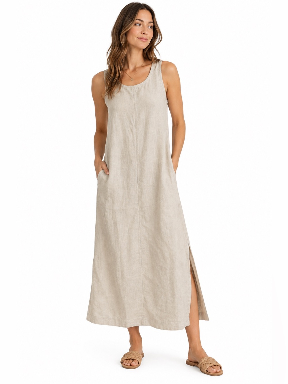 Pact Womens XS Organic Linen Easy Tank Maxi Dress Natural Beige Sleeveless
